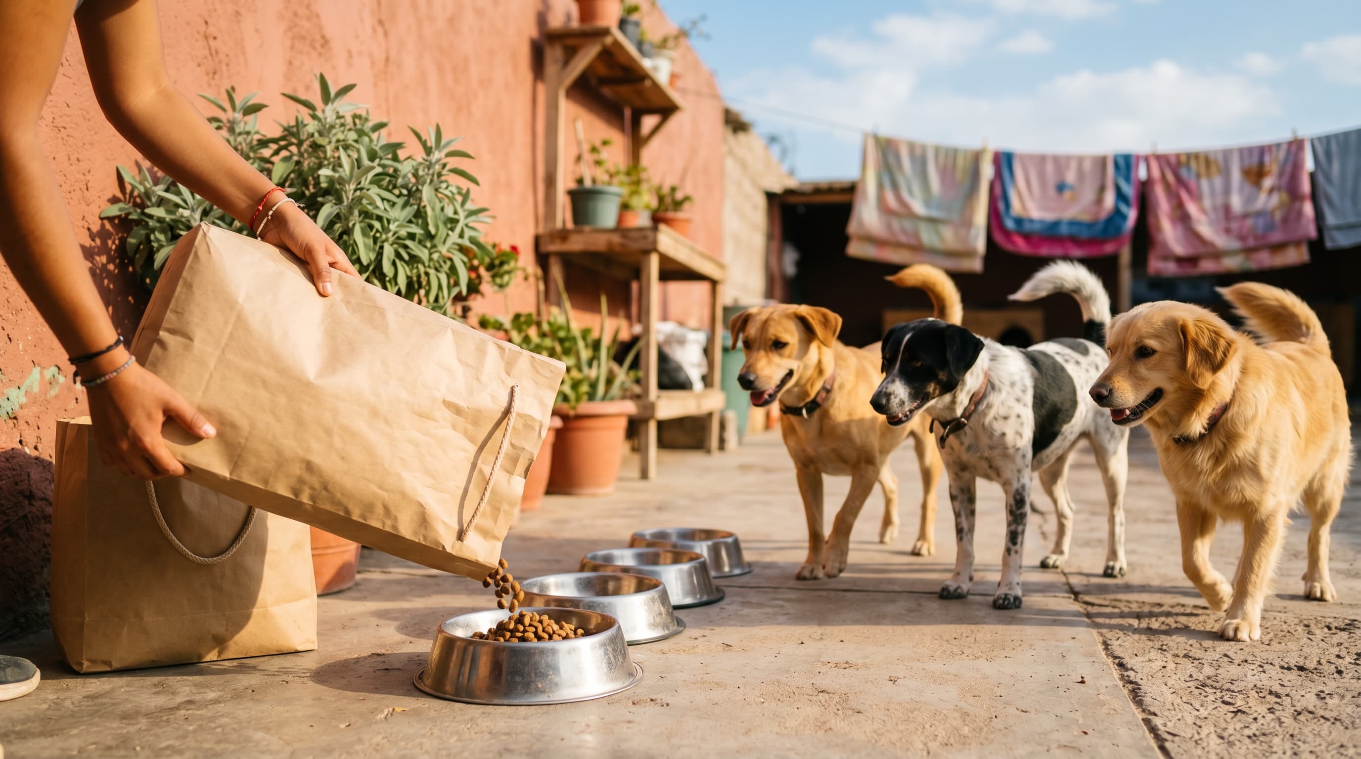 Manos sirviendo croquetas a perros en un albergue peruano al atardecer