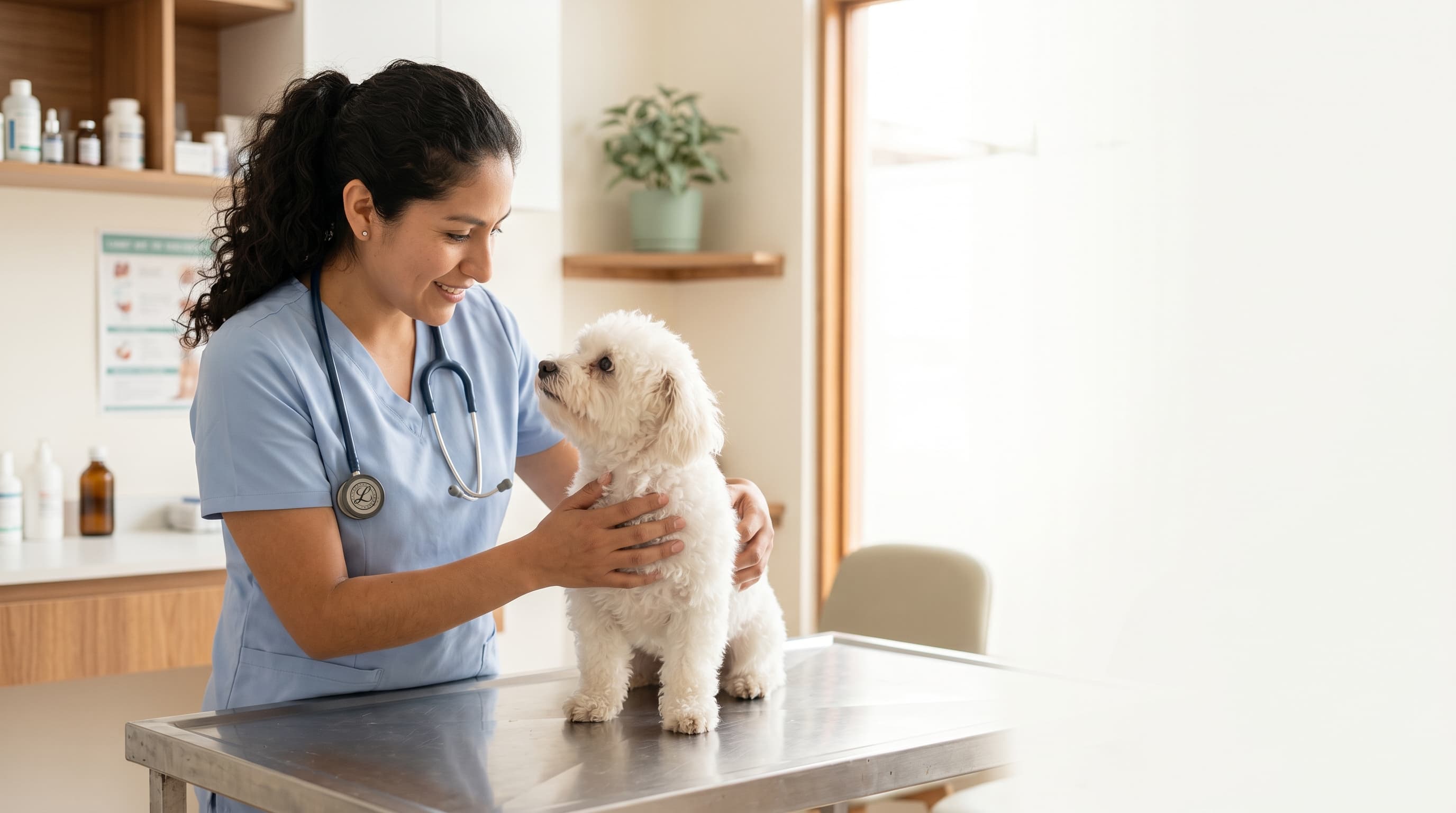 Veterinaria atendiendo a un perro pequeño en consultorio luminoso