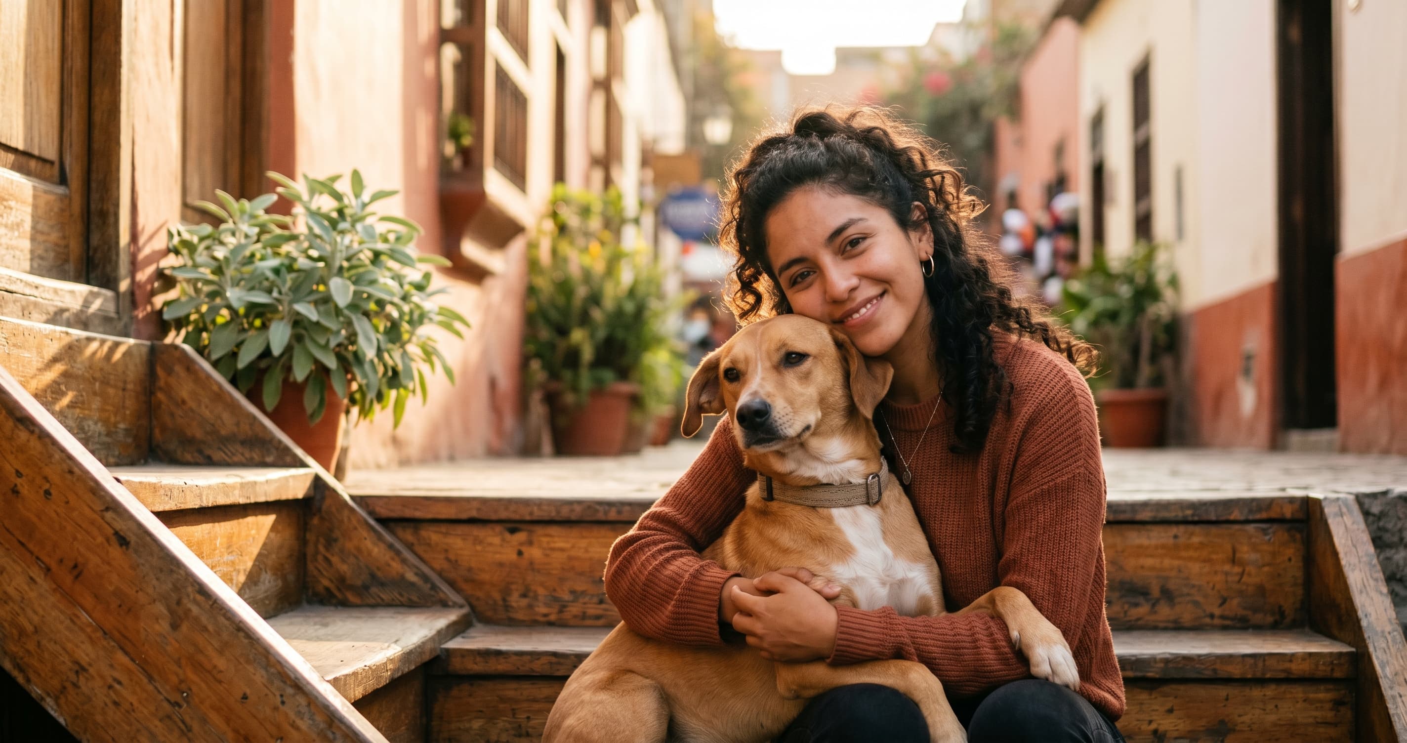 Adoptante con mascota rescatada al atardecer